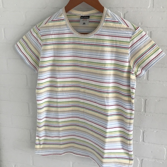 Columbia Vintage crew neck Tee Stripes White Butter Yellowred Sz L - Picture 1 of 5